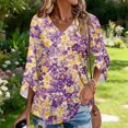 thumbnail image 4 of Delconic Womens V Neck Three Quarter Sleeve Floral Print Casual Loose Fit T Shirt Top Lightweight Soft Fabric Blouse for Daily Wear Office Travel Purple 2XL, 4 of 7