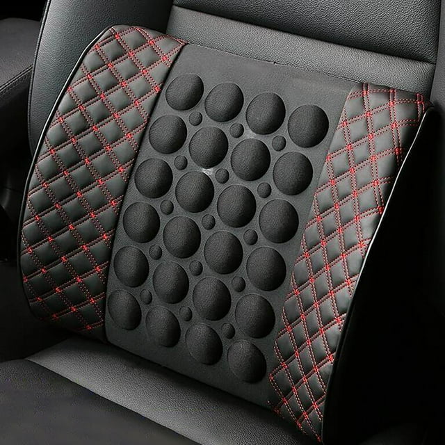 WIFKLSIIPG Electronal Massage Pillow for Cars Seat Cushion, a black PU back massager with red quilted stitching on the sides and a textured central panel featuring circular nodes for deep tissue vibration. Designed for use on car seats or home chairs, it offers ergonomic support and a heated massage feature for relaxation. Includes one adapter for easy plug-in operation. Compact and lightweight with a package size of 30x34x6cm and weight of 485g.