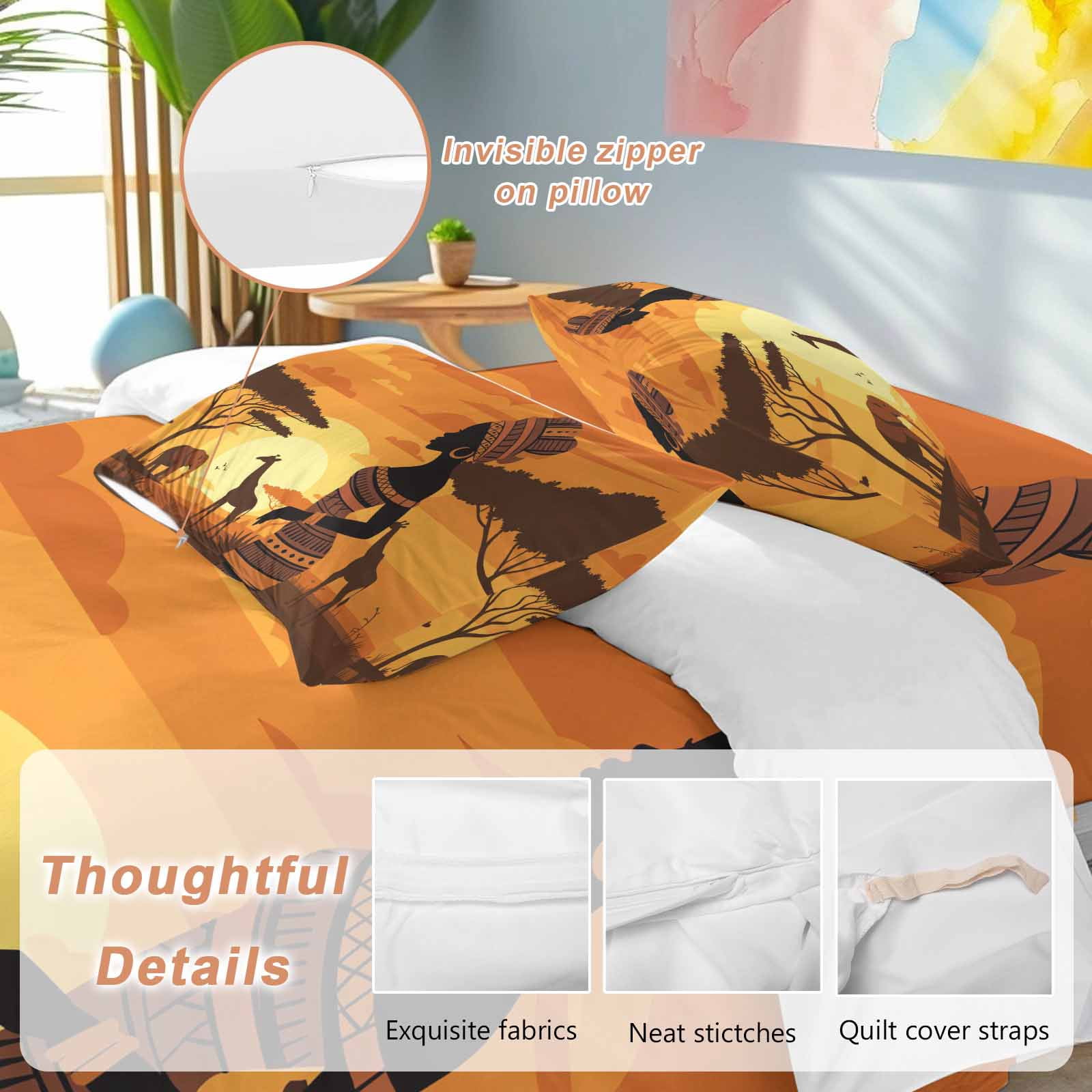 Black Women Bedding Duvet Cover Set Queen Size 4 Pieces Africa Nation Elephant Giraffe Desert Sunset Bedding Set with Zipper Closure, 1 Comforter Cover 90x92 Inches 1 Flat Sheet & 2 Pillow Cases