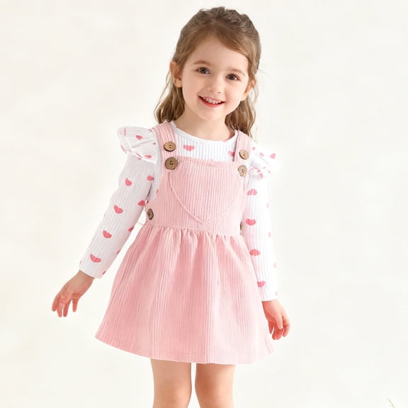 Kids Girl 3-Piece Pink Heart Print Set: Soft Polyester Long-sleeve Top, Suspender Jumper & Headband (0-18M),Size 6-9 Months