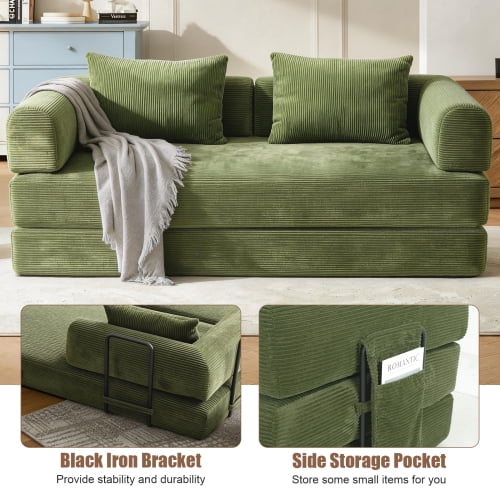 78" Corduroy Convertible Sleeper Sofa Bed, Boneless Futon Couch Floor Lounger Loveseat with Pull Out Mattress, Green