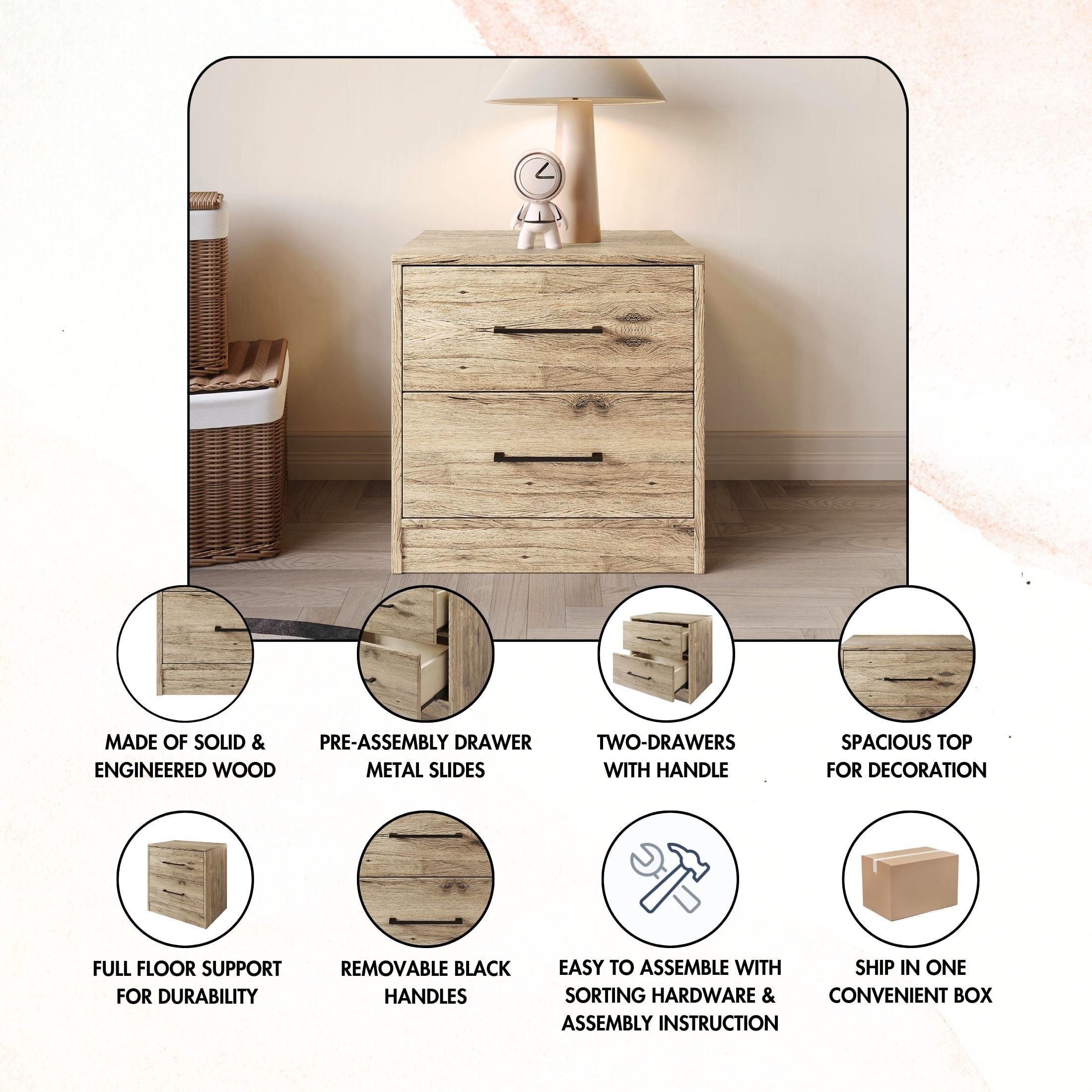 Castle Place Minimalist 2 Drawer Wooden Nightstand, White