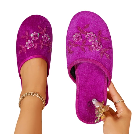 Women's Velvet Floral Embroidered Closed Toe House Slippers Slip On Soft Anti-Slip Indoor Bedroom Home Slides, 37