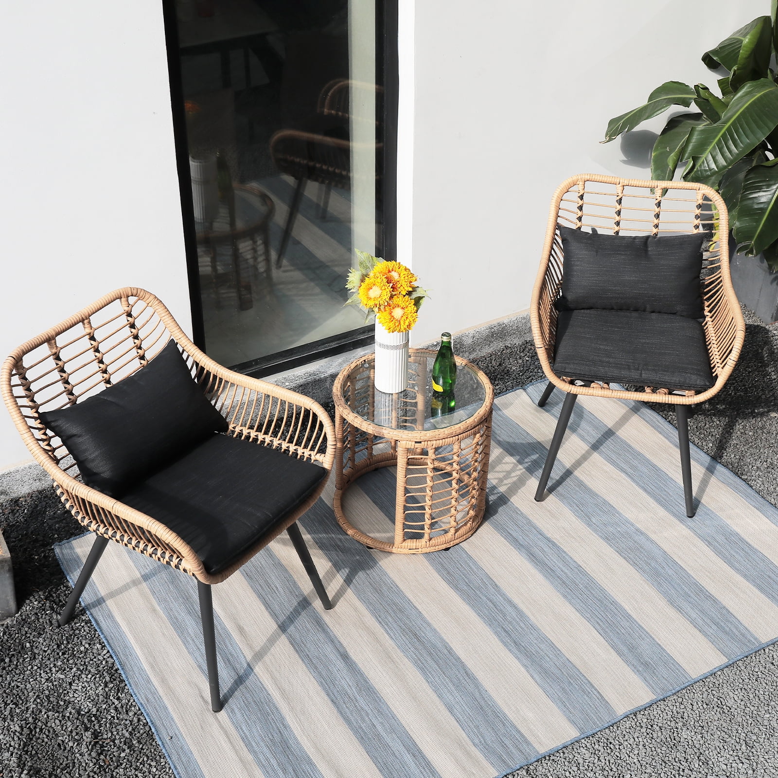 Patio Conversation Sets with Glass Coffee Table Black Rattan with Blue Cushion JOVNO 3 Pieces Patio Bistro Set Outdoor Modern Bistro Rattan Chairs Wicker Patio Furniture Sets 
