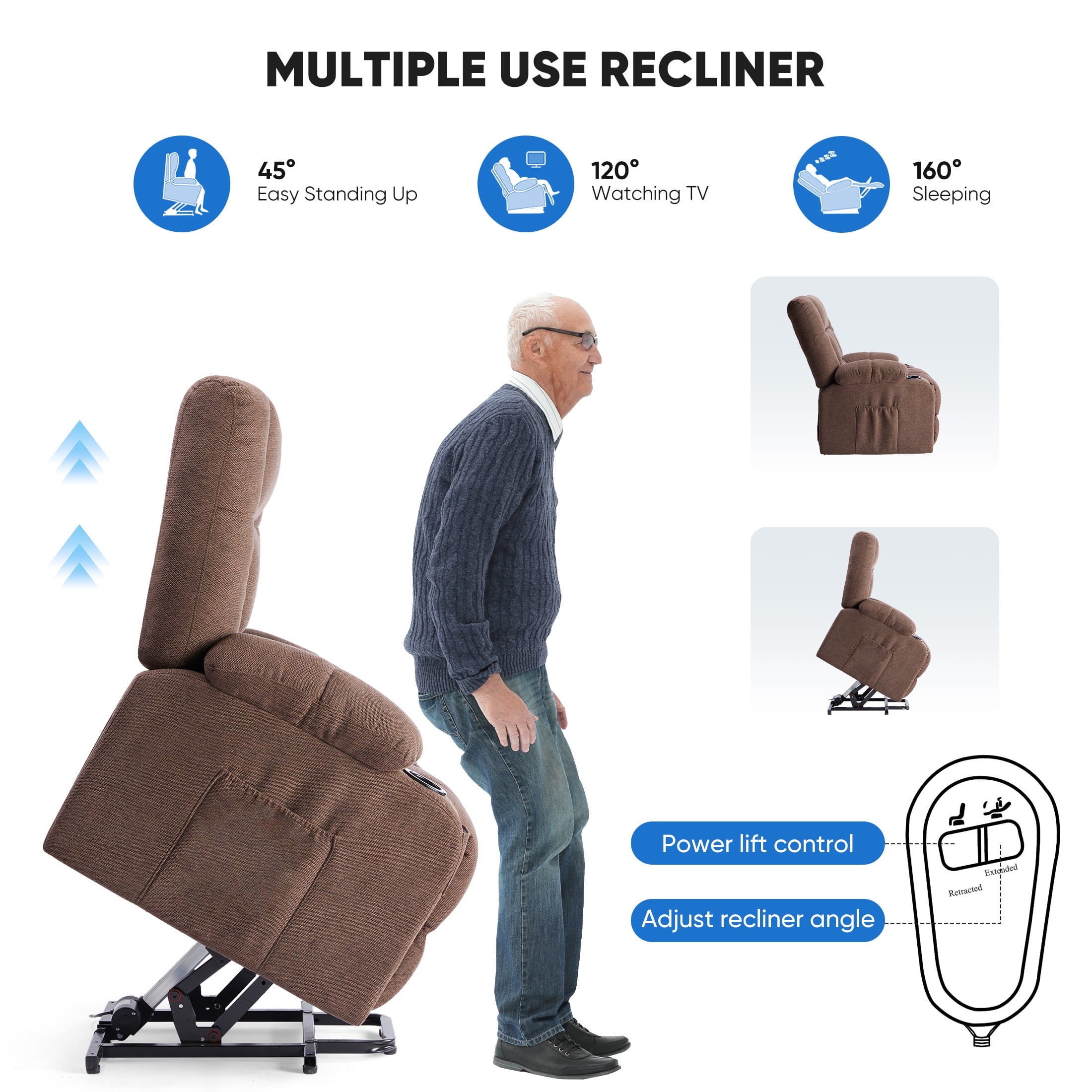 CONCETTA Power Lift Chair, Adult Recliner with Massage and Heating, Brown