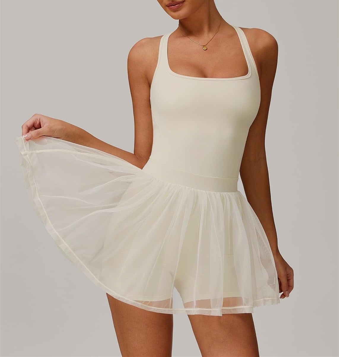 PISONIC Womens Tennis Golf Dress with Built-in Bra Shorts Backless Square Neck Mini Puffy Skirt Athletic Dresses with Pockets