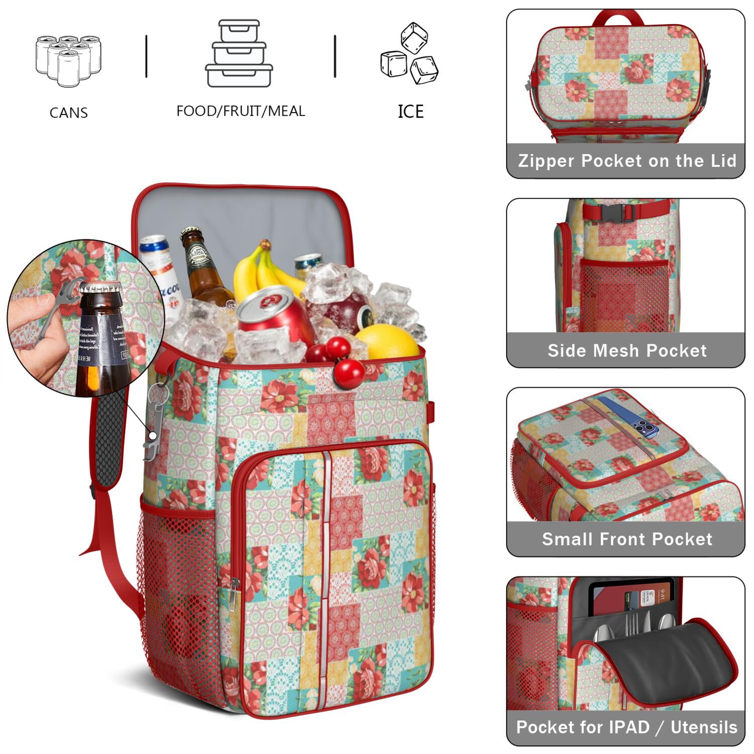 Travel Cooler Bag - Pioneer Flower Camping Beer Cooler Backpack with Bottle Opener- Waterproof Insulated Picnic Backpacks - Cooler Bag for Beach