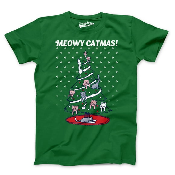 Mens Meowy Christmas Funny Cat Dad Ugly Sweater T shirt Adult Humor Sarcastic (Green) - 5XL