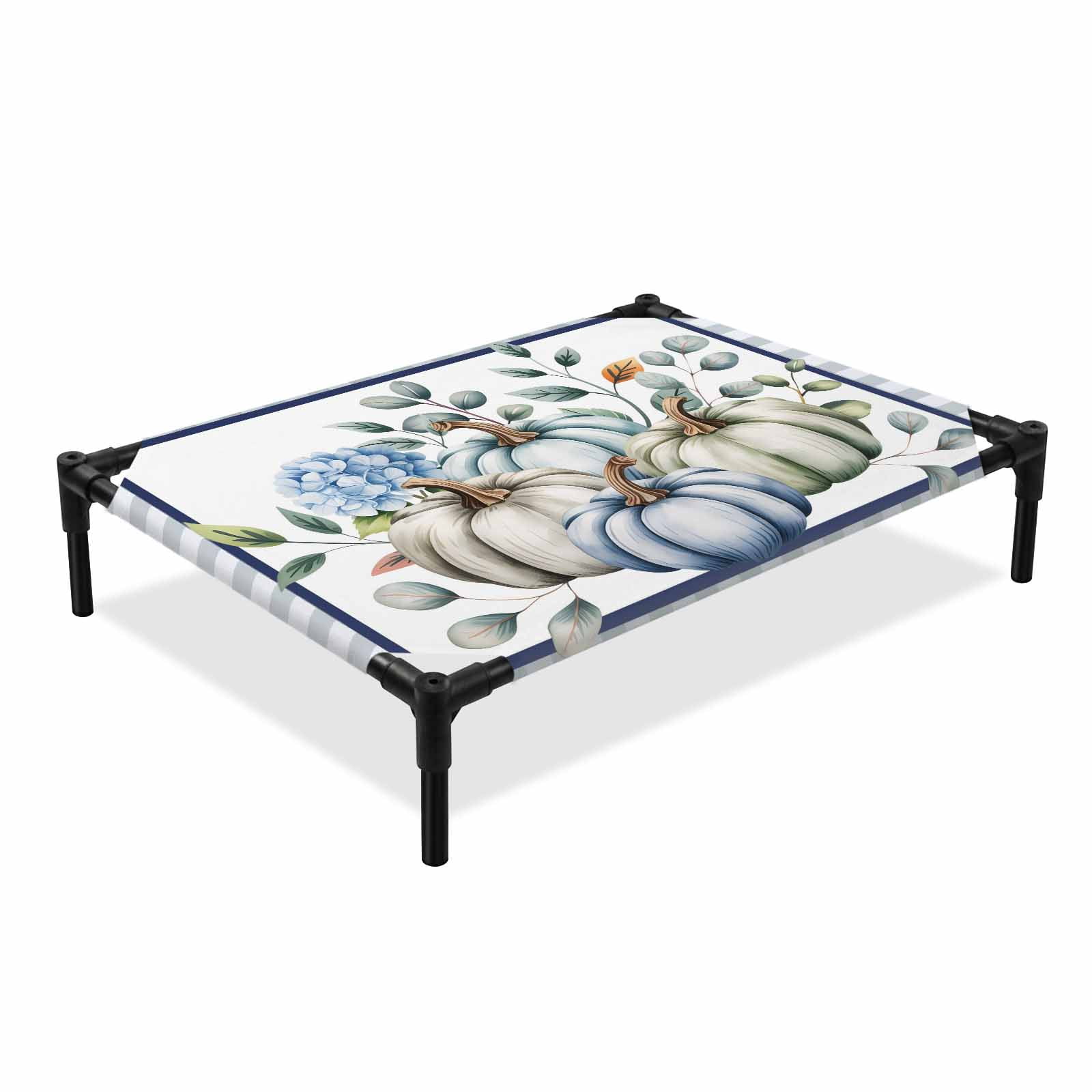 Thanksgiving Pumpkin Elevated Dog Bed Green Pumpkins Leaves Plaid Watercolor Cooling Breathable Outdoor Raised Dog Cot Bed with Metal Frame Non-Slip Feet for Medium Dog 24x20in