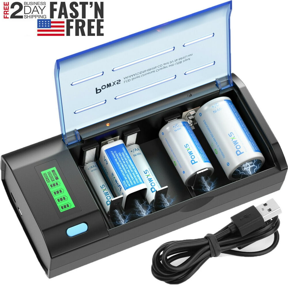 POWXS LCD Battery Charger for AA AAA C D Cell 9V NiCD NiMH Batteries Universal