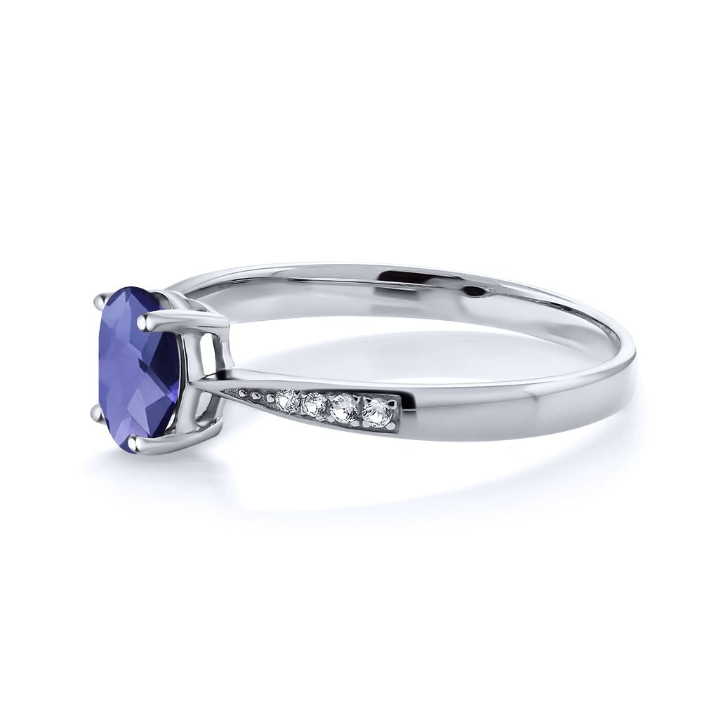 Gem Stone King 10K White Gold Blue Iolite and White Diamond Engagement Ring for Women (0.71 Cttw, Gemstone Birthstone, Oval Checkerboard 7X5MM, Available in Size 5, 6, 7, 8, 9)