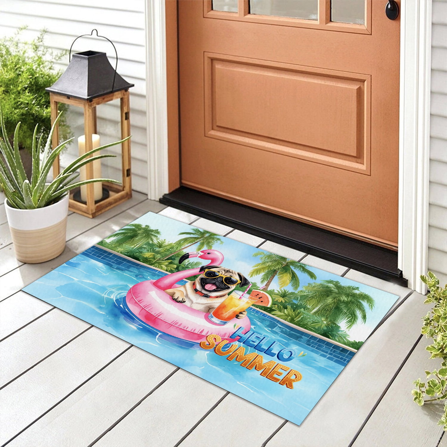 Hello Summer Pug at Swimming Pool Flamingo Swim Ring Doormat Dog Lover Gifts Indoor Outdoor Welcome Mat - 12009