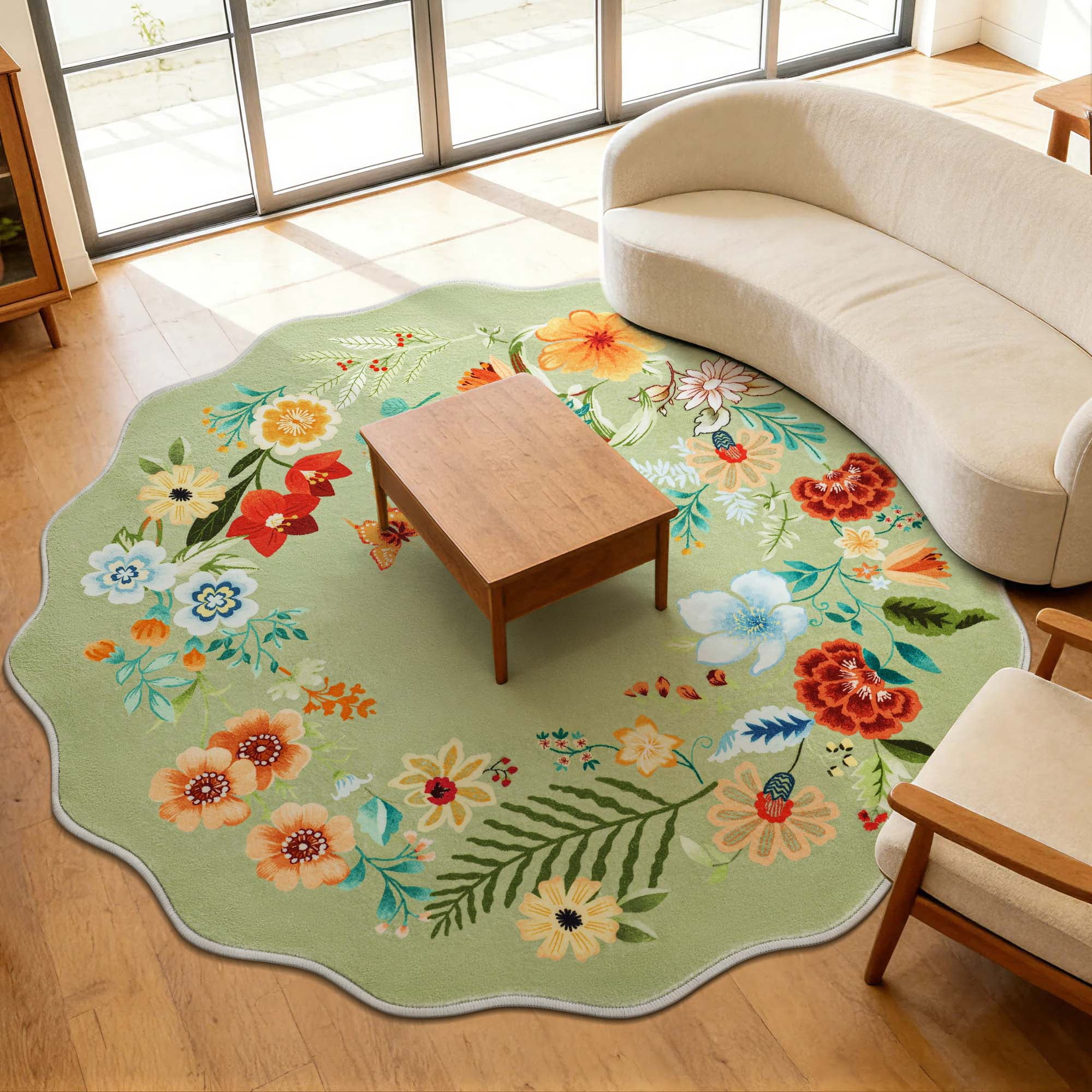 Carvapet Round 3' Floral Living Room Rugs, Ultra-Thin Soft Area Rugs for Bedroom, Non-Slip Washable Boho Rug Low-Pile Throw mat for ‎Dining Room Office, Green