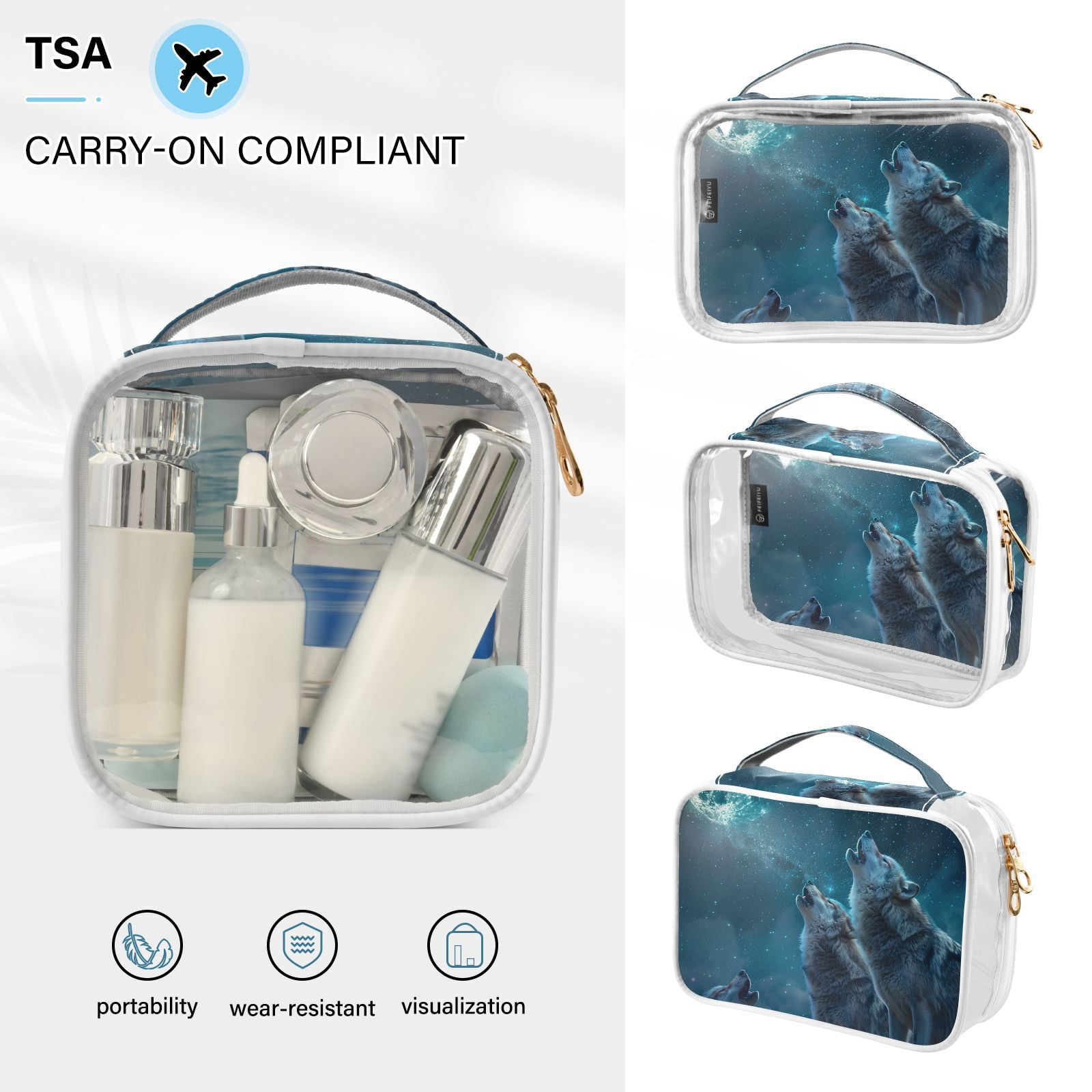 Clear Makeup Bags with Handle Large Opening 2 Pack Set Toiletry Bag Quart Size Bag, for Women Man Traveling Travel Essentials, Toiletries and Other. Wolf