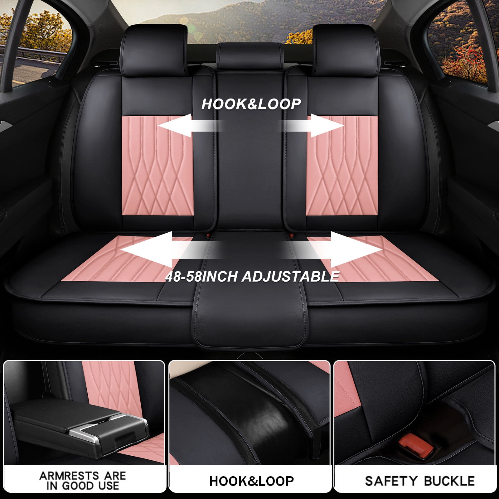 OTOEZ Universal Pink Car Seat Cover PU Leather 5-Seat Full Set Waterproof Front & Rear Cushion Protector Fit Most Honda Toyota Chevy Ford Nissan SUV
