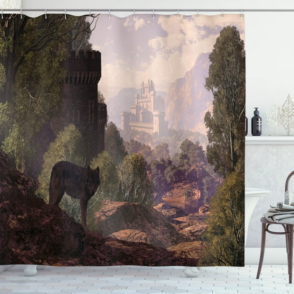 Ambesonne Colorful Shower Curtain, Wolf in Woods Scenery, 69"Wx75"L, Brown Army Green Rose