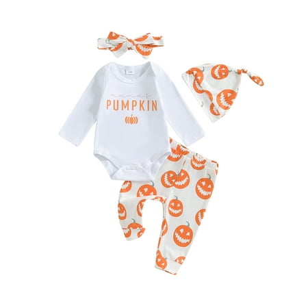 

My First Halloween Outfits Newborn Baby Girl Pumpkin Romper Bodysuit+Long Pants Headband Hat Set Cute Fall Winter Clothes