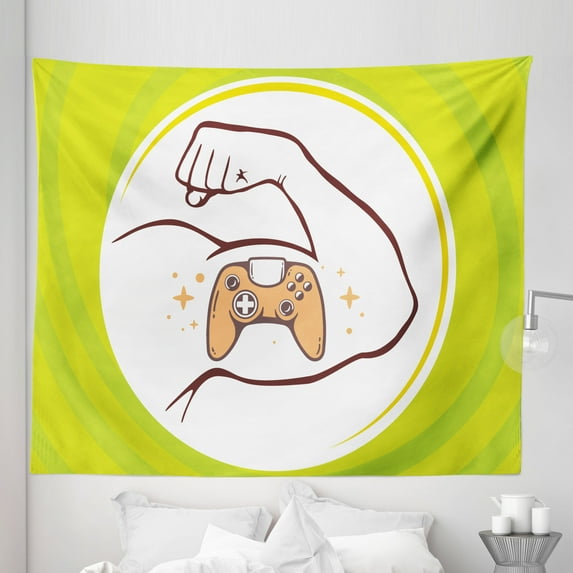 Gamer Tapestry, Entertainment Illustration of Strong Man Arm Joystick Manly Line Art, Fabric Wall Hanging Decor for Bedroom Living Room Dorm, 5 Sizes, Multicolor, by Ambesonne