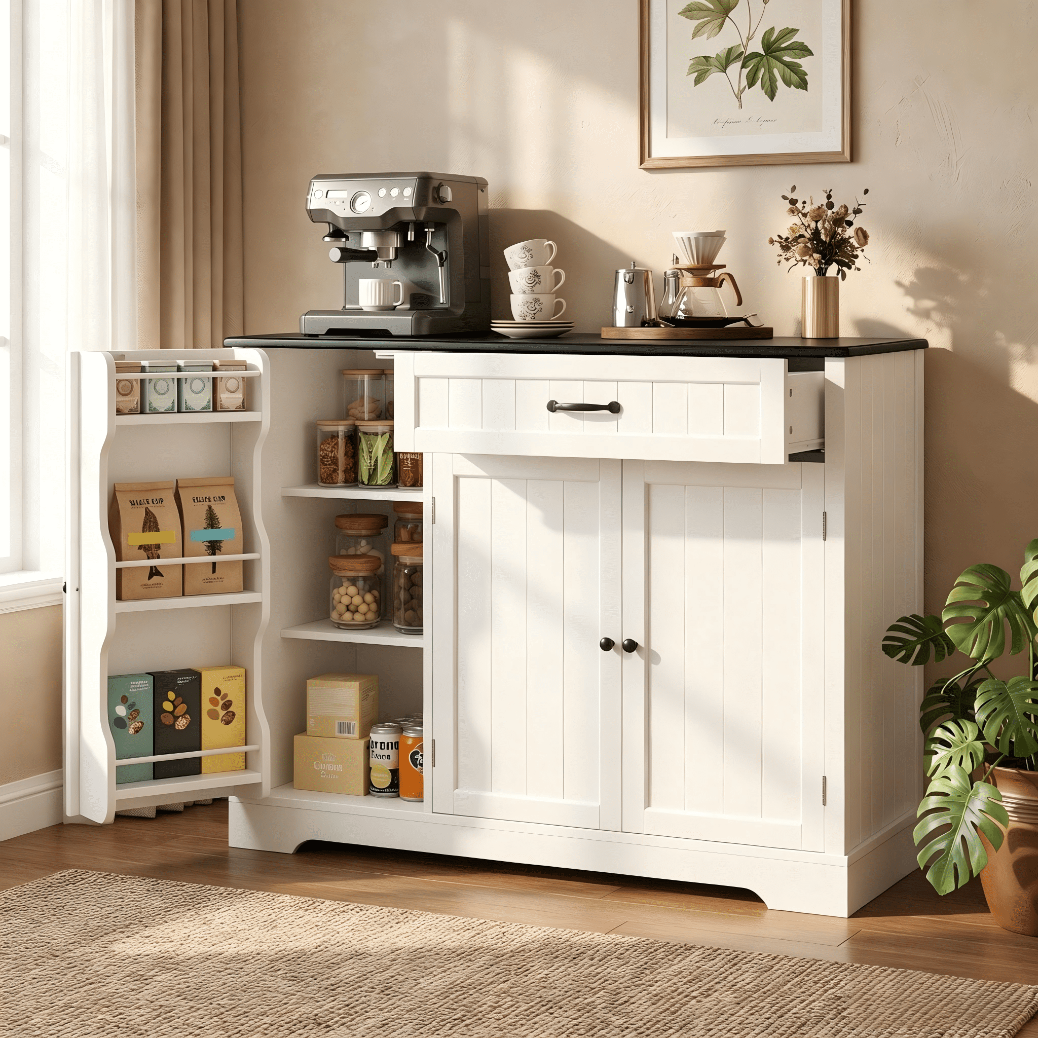 Coffee Bar Cabinet, Lofka 42" Farmhouse Kitchen Storage Sideboard Buffet Cabinet with 8 Shelves & 1 Drawer, Multifunctional Console Table for Dining Living Room Entryway Coffee Station, Black Desktop
