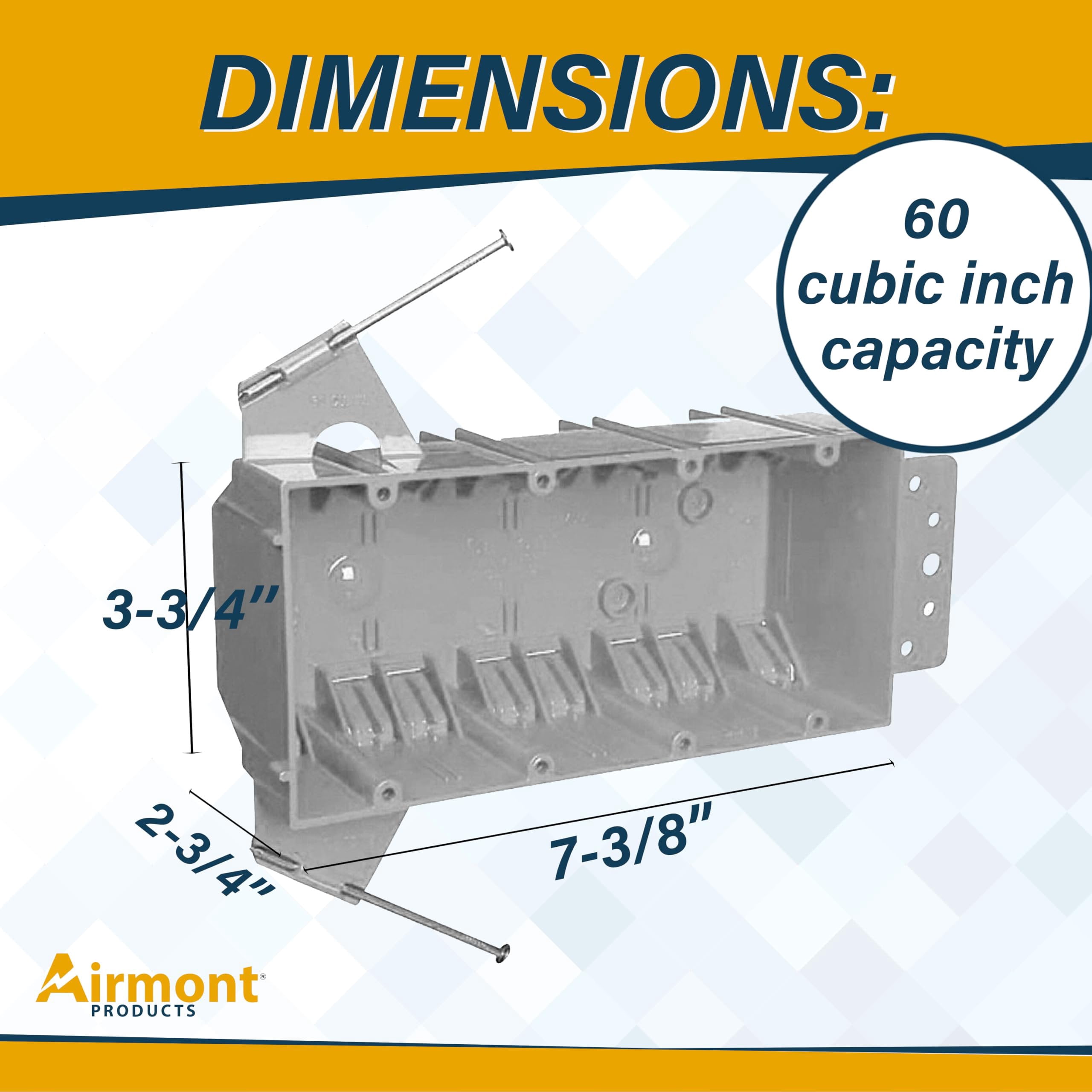 4 Pack 6-Gang Plastic Electrical Box, Grey Outlet Box, Four Gang New Work Junction Box, Captive Nails, 55 cu. Inches, Length 7-3/5'', Width 3-7/10'', Depth 2-1/2''