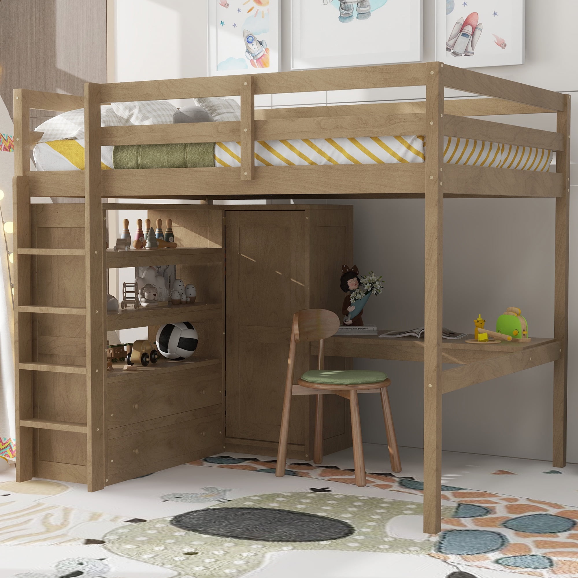 Euroco Wood Full Size Loft Bed with Desk and Wardrobe, Storage Shelves and Bookcase for Kids Teens, Walnut