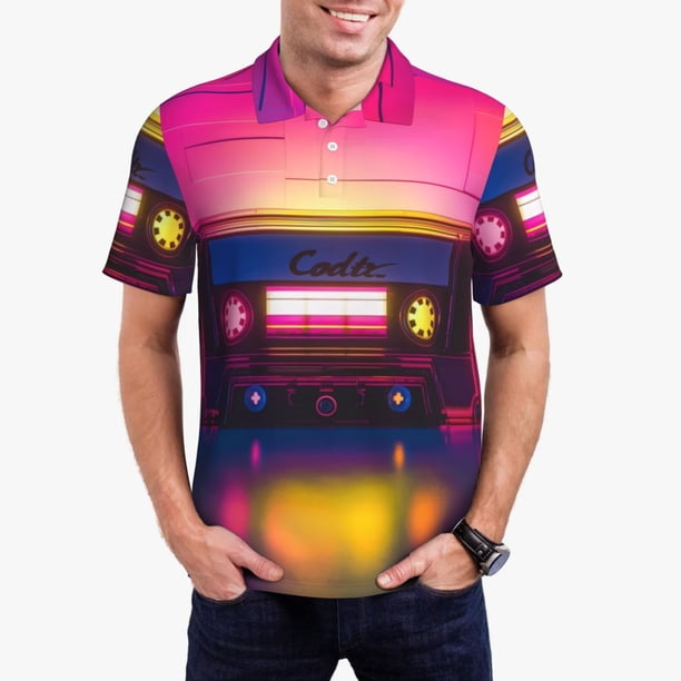 Balery Neon Cassette Tape Camisa Polo de Hombre con Estampado, de Manga Corta y Tejido Medio, Camisa Tipo Golf Polo-XX-Large
