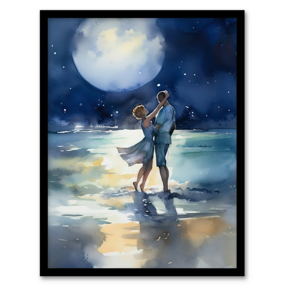 Full Moon Frolics Watercolour Beach Seascape Painting Blue Orange Couple Moonlight Dance At Coastal Landscape Bedroom Art Art Print Framed Poster Wall Decor 12x16 inch