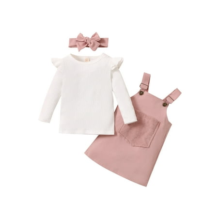 

Bowanadacles Baby Autumn Tracksuit Solid Color Ribbed T-Shirt and Overalls Dress with Hair Band