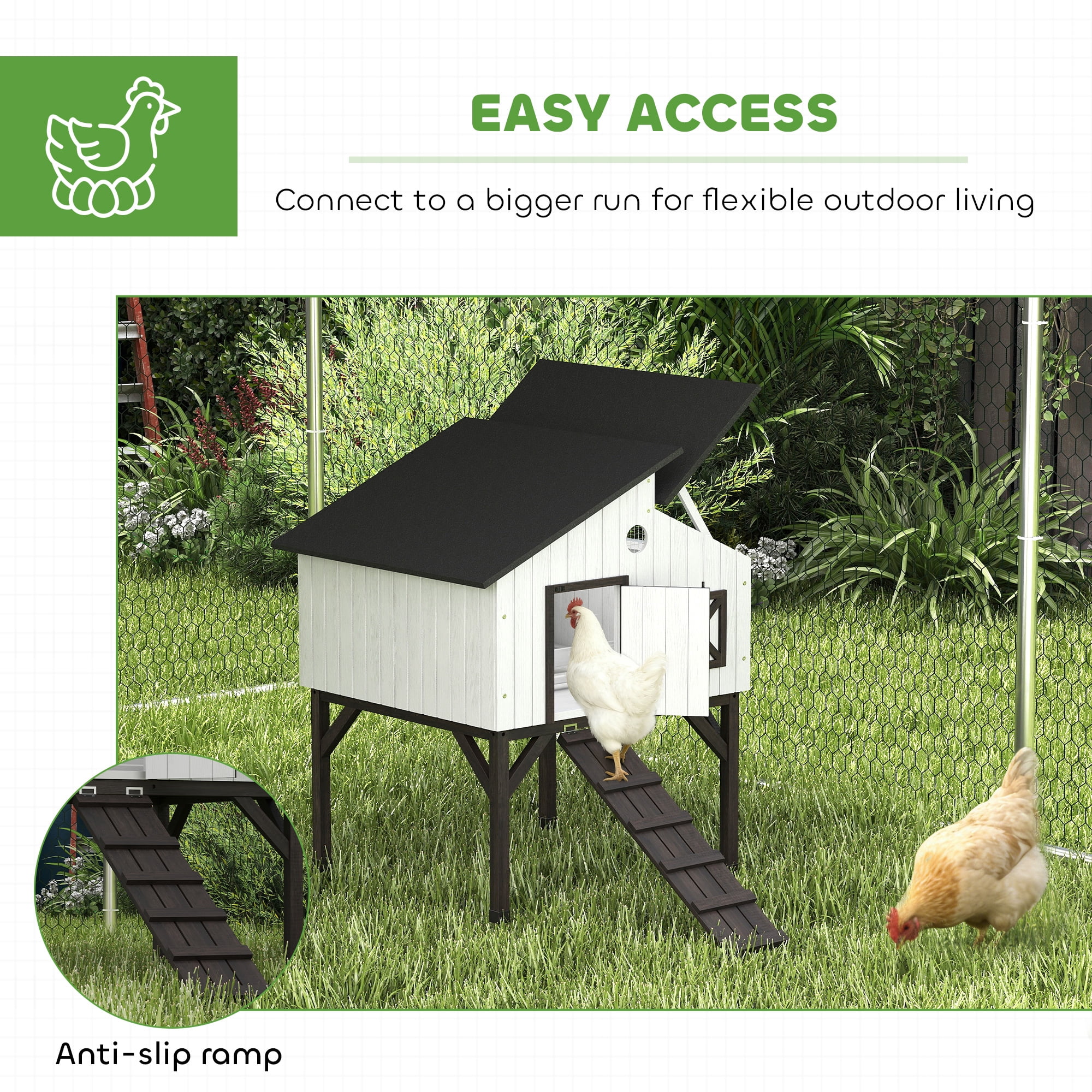 PawHut Chicken Coop Hen House with Nesting Box, Elevated Rabbit Hutch with Ramp, Asphalt Openable Roof and Elevated Legs, Outdoor Wooden Duck House