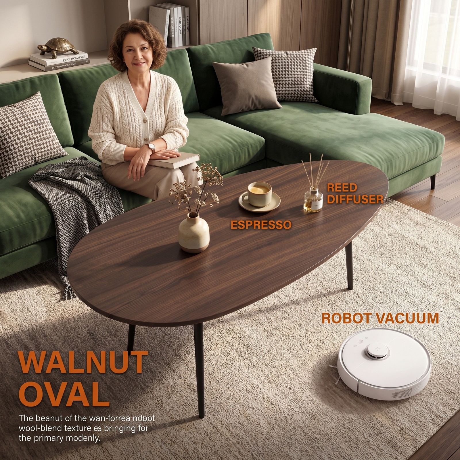 Furnibear Oval Coffee Table Mid Century Center Table with Sturdy Metal Frame, Open Storage Shelf & Adjustable Foot Pads for Living Room, Hallway & Lounge, Walnut