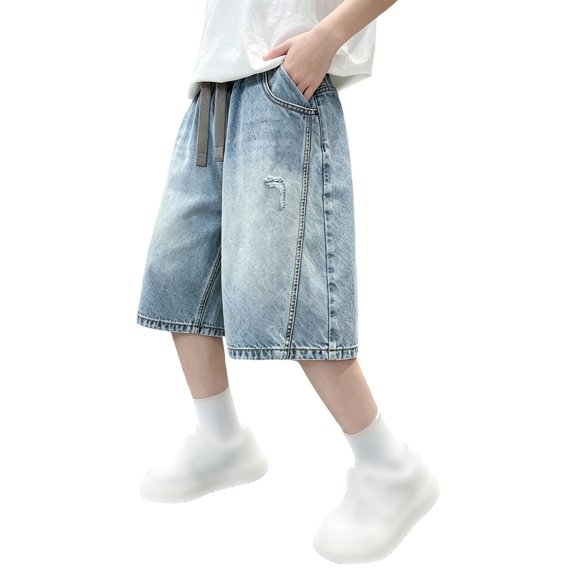 Boys Letter‑Print Distressed Denim Shorts, Elastic Waist Wide‑Leg Washed Knee‑Length Jean Shorts With Pockets for Big Kids