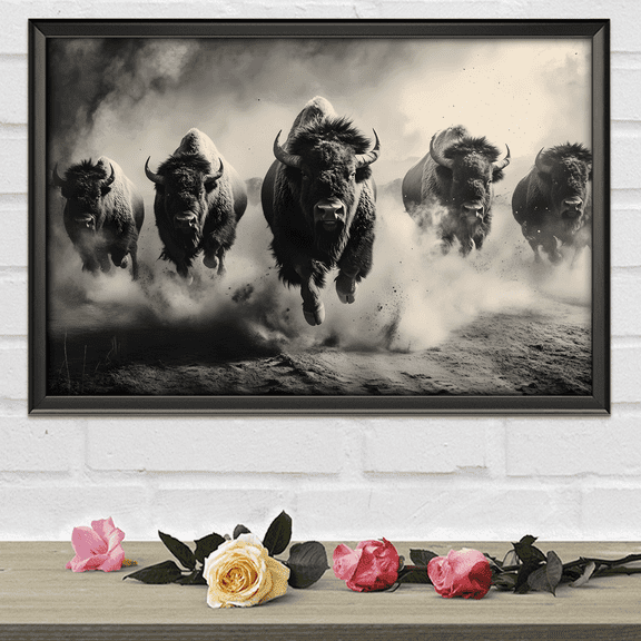 Lotusprinthandmade Running Bisons Canvas 1.5in 12" x 8", Nature-inspired Bison Canvas, Outdoor Adventure Wall Decor