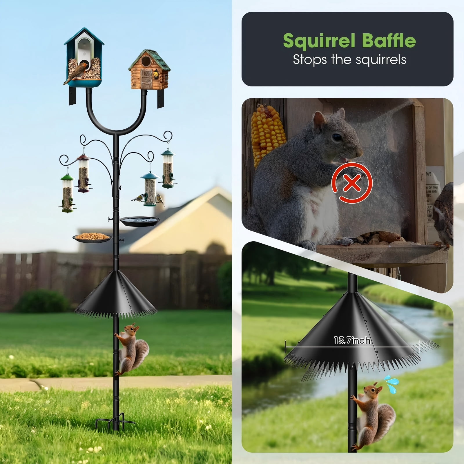 Squirrel Proof Bird Feeder Pole - Adjustable 47"-108" Heavy Duty Pole with Upgraded U-Shape Platform, 4 Hooks, Includes Birdbath & Tray for Outdoor Garden Yard
