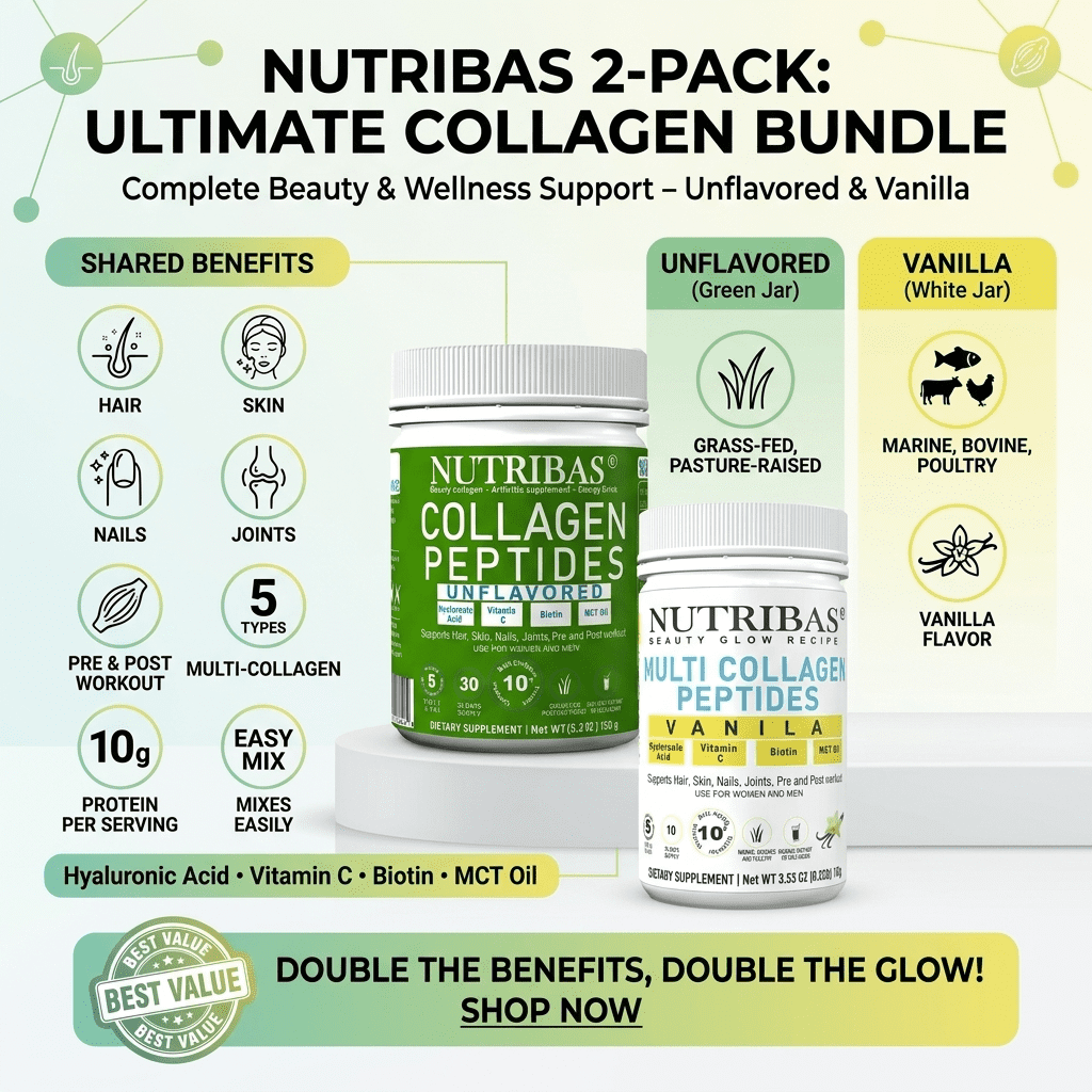 Nutribas Protein Multi Collagen Peptides Powder for Whole Body Support with MCT, Vitamin C, Biotin & Hyaluronic Acid, Unflavored & Vanilla, 9 oz