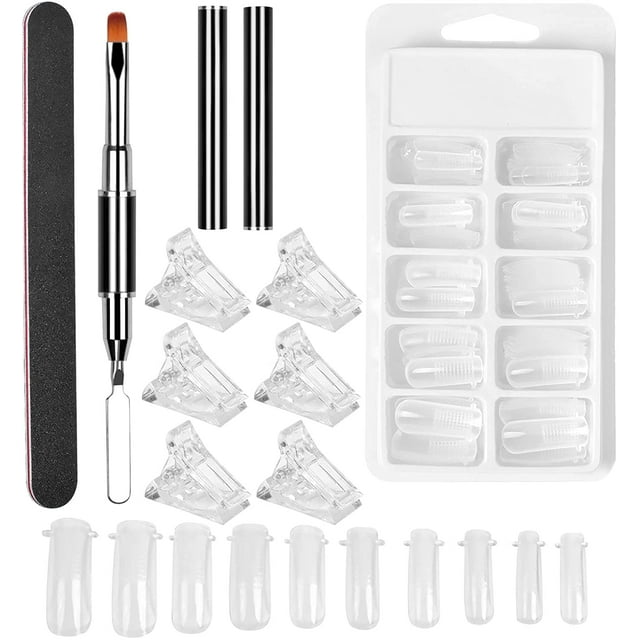 Ensemble de Formes à Ongles Doubles Incluent 100 Pcs Pointe d'Ongle Acrylique Claire 5 Pcs Pince à Ongles Double Forme 1 Pce Brosse Gel Double Extrémité & Ramasse-Ongles et 1 Pce Lime à Ongles pour Art d'Ongles DIY