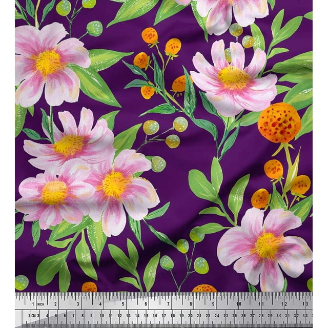Soimoi Cotton Cambric Fabric Leaves & Wild Flower Print Fabric by the Yard 42 Inch Wide