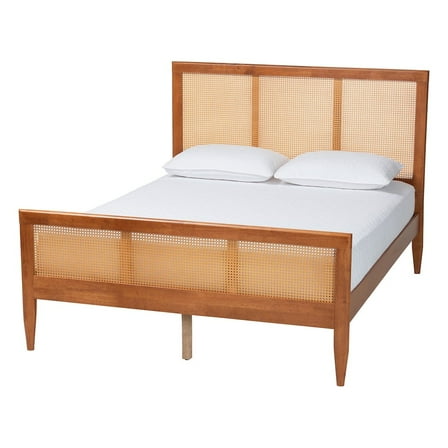 Baxton Studio Walthard Mid-Century Light Walnut King Platform Bed with Woven Rattan