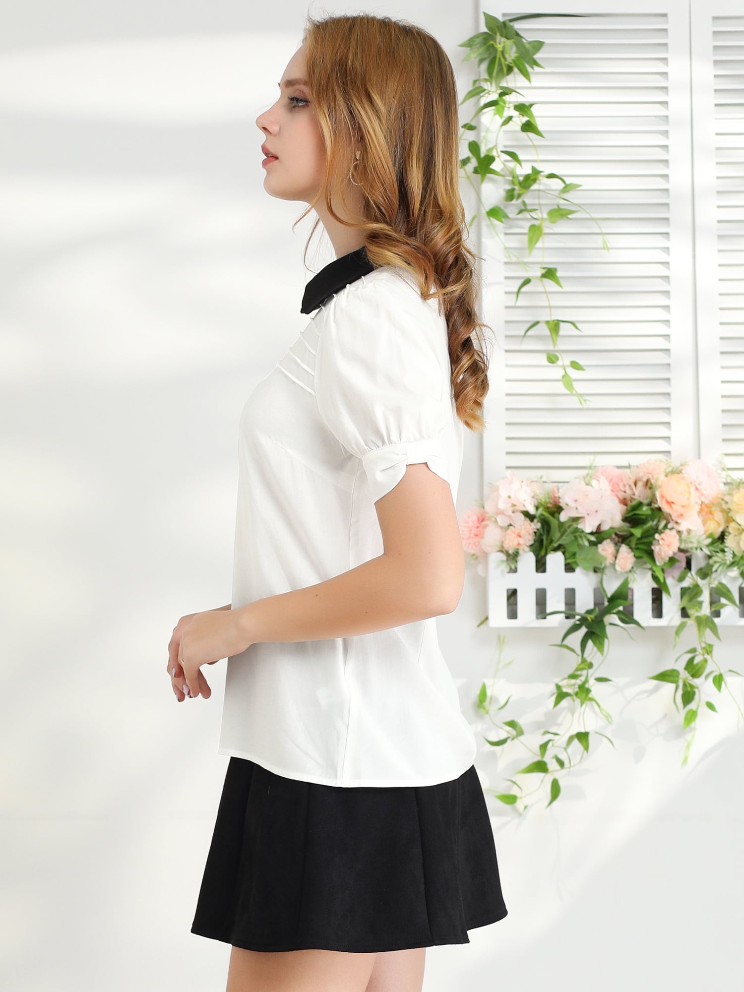 DARING DIVA Peter Pan Collar Contrast Puff Blouse Top XL White