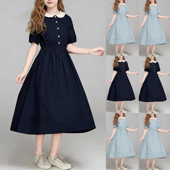 Piuwrlz Summer School Uniform Dresses Girls Graphic Crew Neck Dress Lapel Collar Button Princess Skirts Blue Size 11-12 Years