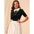 thumbnail image 2 of DARING DIVA Women's Contrast Collar Ruffle Front Button Short Sleeve Shirt L Black, 2 of 6