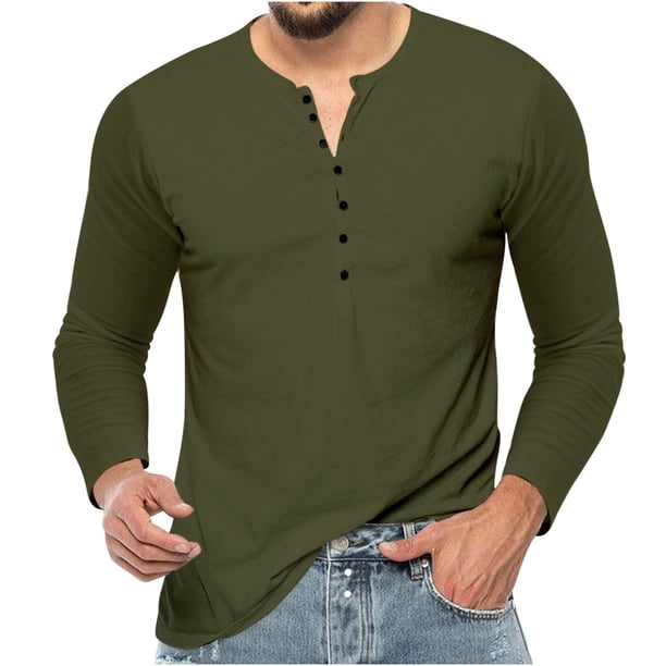 Blusas y camisas de manga larga con cuello redondo para hombre, cuello redondo, botones, boca plana, deportivas para hombre, blusas y camisas de manga larga con cuello redondo para hombre
