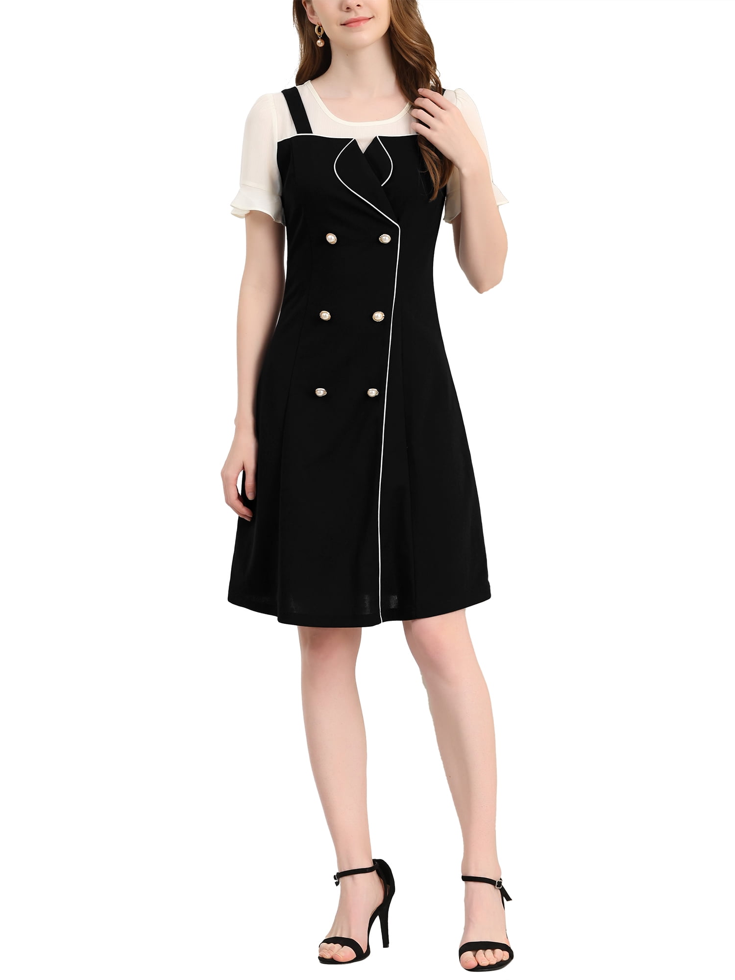 Unique Bargains Women's Contrast Chiffon Button Decor Short Sleeve Dress Black M