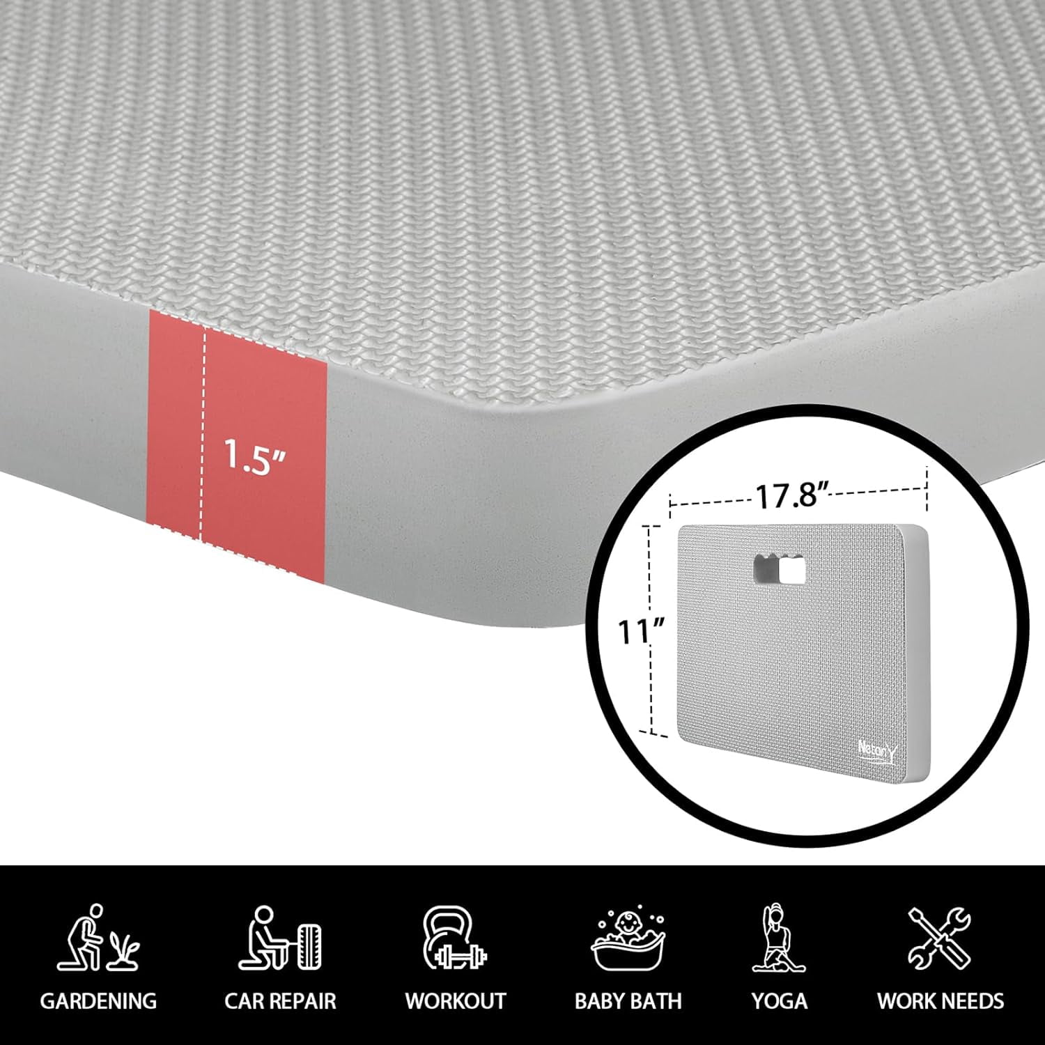 Extra Thick Kneeling Pad for Gardening, Comfortable Knee Pad Cushion, Extra Large Foam Kneeler Mat for Gardening, Baby Bath, Workout, Exercise & Yoga, Mechanic, 17.8 x 11 x 1.5 in, Gray