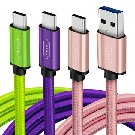 Limebrite [3-Pack] 6ft Braided Fast Charging Cables for Samsung Galaxy A03s/A12/A13/A14 5G/A23/A32/A53 5G/A71 5G/S23/S22/S21/S20 Plus/Ultra/FE/Tab A7/A8/S6 Lite/S7 FE/S8 (Green/Purple/Pink Rose Gold)