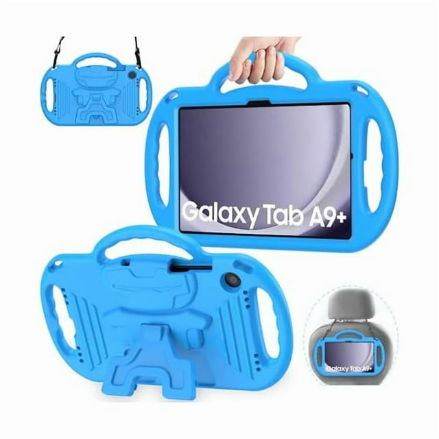 wonim11 avawo kids case for samsung galaxy tab a9+/a9 plus 11 inch 2023 case, with strap, shockproof lightweight handle stand 2023 model (sm-x210/x216/x218) with lanyard, blue Funda para tablet wonim11 azul para Galaxy Tab A9+ 11" (2023) con asa superior, dos agarraderas laterales, correa desmontable y soporte trasero plegable para modo horizontal; recortes visibles para cámara y botones, adecuada como soporte en el reposacabezas del coche.