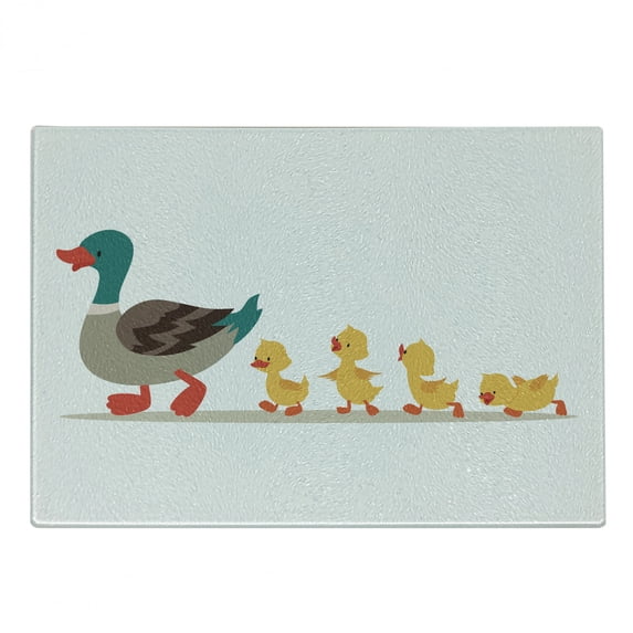 Yellow Bird Cutting Board, Cartoon Animal Design of Mother Duck and Ducklings Walking in a Row, Decorative Tempered Glass Cutting and Serving Board, in 3 Sizes, by Ambesonne