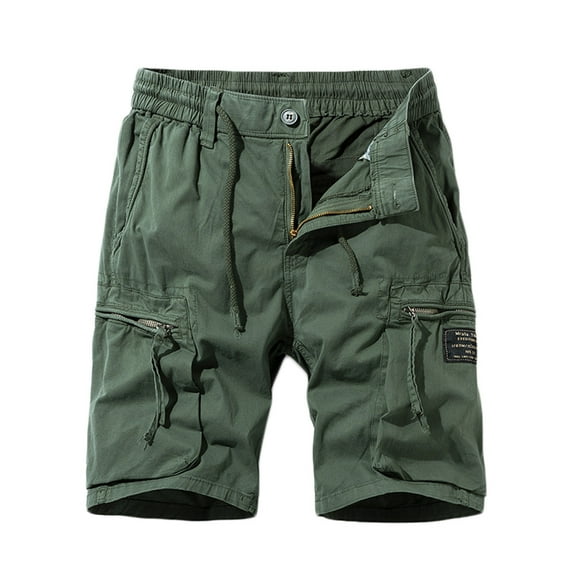 VSSSJ Men's Cargo Shorts Regular Fit Solid Color Casual Elastic Waist Button Zipper Tooling Shorts with Multi-Pockets Summer Outdoor Walking Overalls Army Green XXL