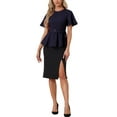 thumbnail image 2 of INSPIRE CHIC Women's Peplum Blouse Round Neck Bell Sleeve Belted Waist Office Blouse XS Dark Blue, 2 of 6