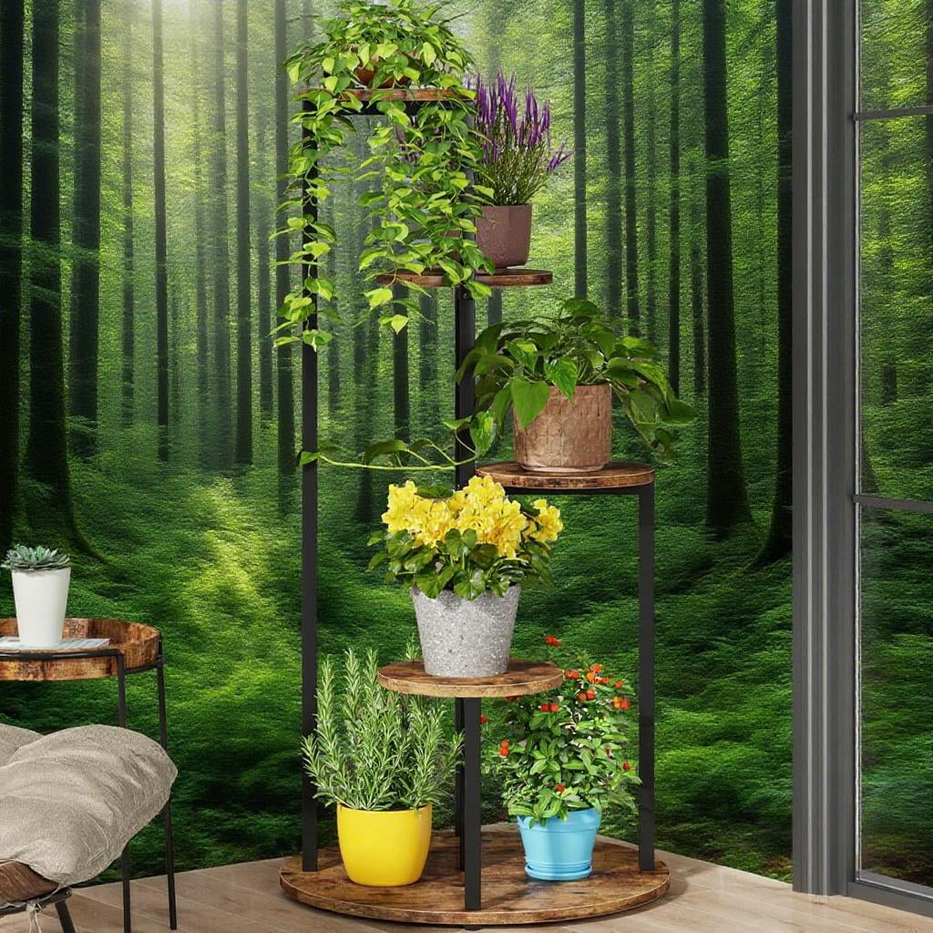 5-Tier Corner Plant Stand Tall Wood & Metal Flower Rack, Rustic Brown Free-Standing Plant Shelf, for Indoor Outdoor Balcony Garden Patio Living Room