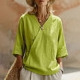 thumbnail image 2 of Women's V-Neck Asymmetrical Linen Blend Blouse - 3/4 Sleeve Casual Button Detail Tunic Top with Loose Fit, Lightweight Solid Boho Shirt for Summer & Vacation Light Green XXL, 2 of 6
